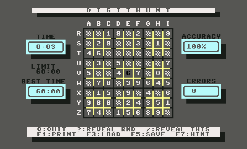 Screenshot von Digithunt, dem ersten Sudoku-ähnlichen Spiel auf dem Commodore 64 von 1989