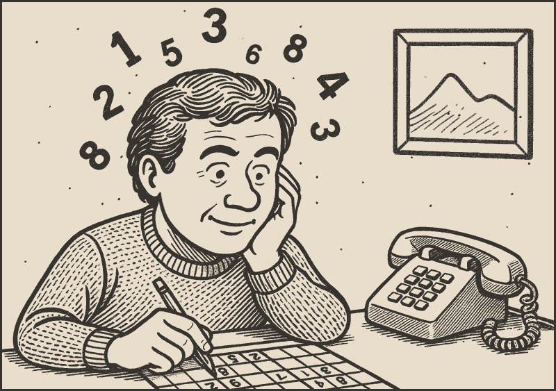 Cartoon eines Mannes, der ein Sudoku-Rätsel löst